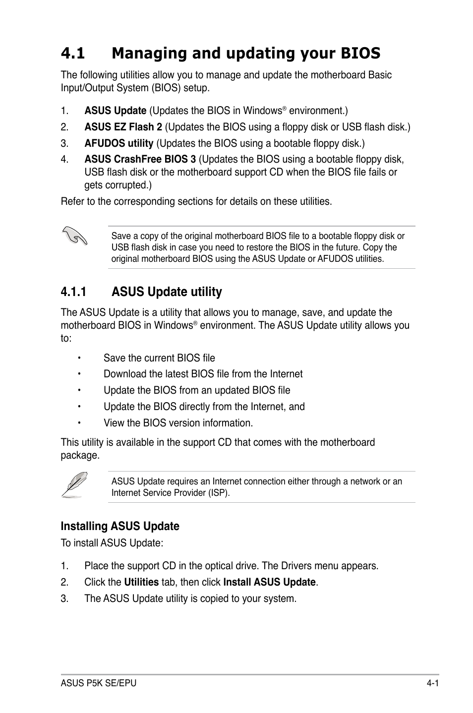 1 managing and updating your bios, 1 asus update utility, Managing and updating your bios -1 4.1.1 | Asus update utility -1 | Asus P5K SE/EPU User Manual | Page 65 / 134