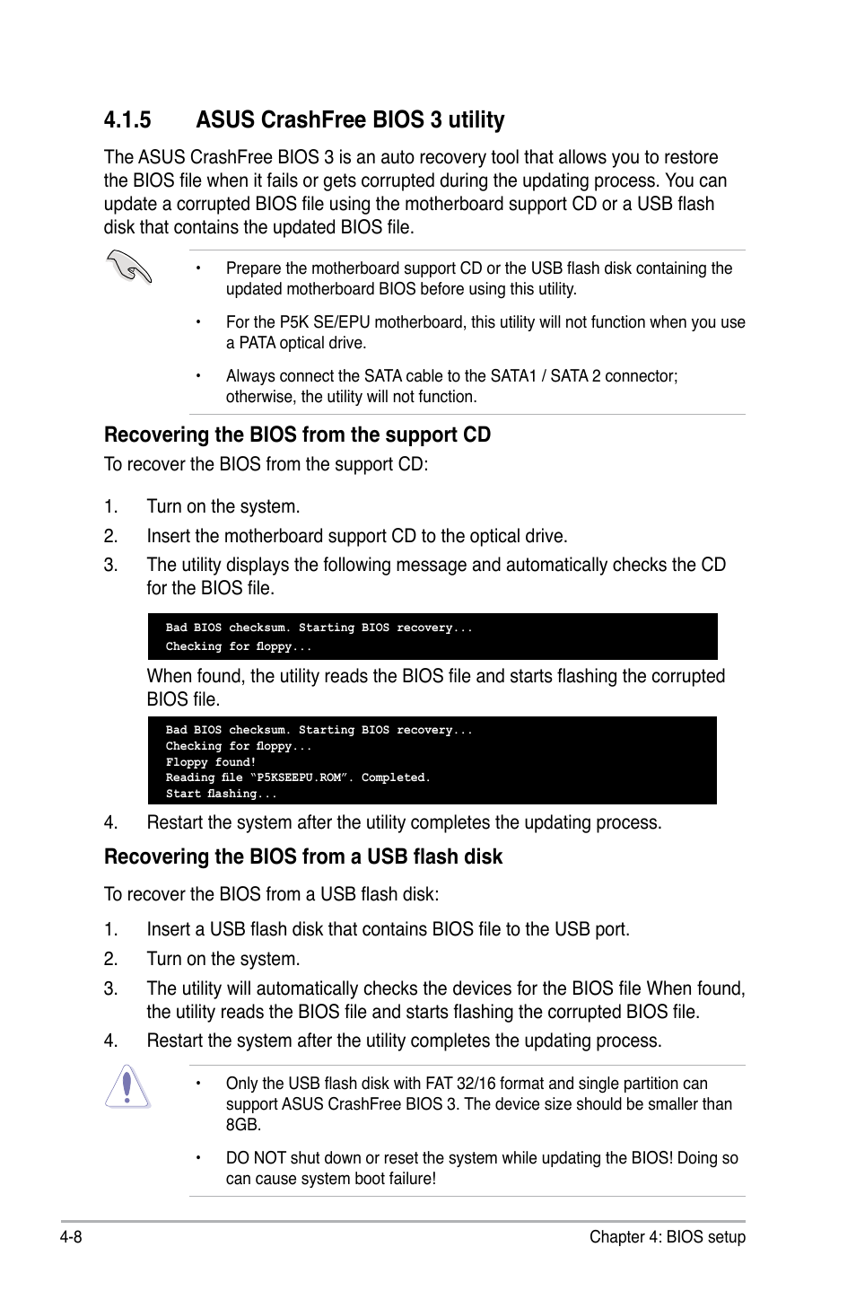 5 asus crashfree bios 3 utility, Asus crashfree bios 3 utility -8, Recovering the bios from the support cd | Recovering the bios from a usb flash disk | Asus P5K SE/EPU User Manual | Page 72 / 134