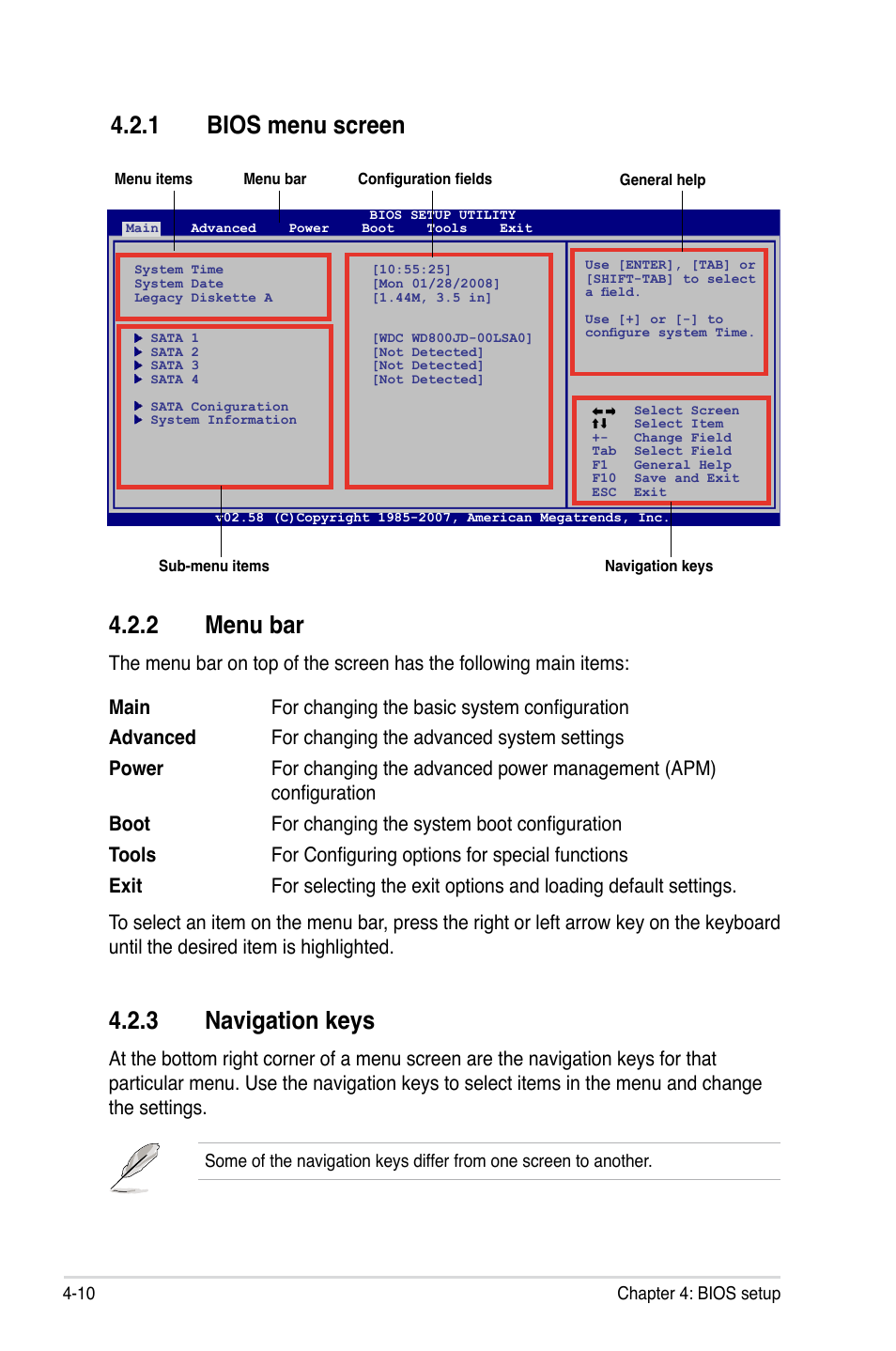 1 bios menu screen, 2 menu bar, 3 navigation keys | Bios menu screen -10, Menu bar -10, Navigation keys -10 | Asus P5K SE/EPU User Manual | Page 74 / 134