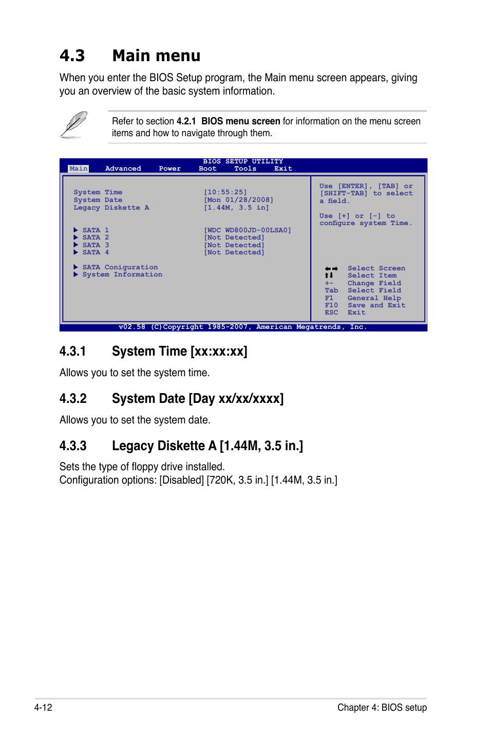 3 main menu, 1 system time [xx:xx:xx, 2 system date [day xx/xx/xxxx | 3 legacy diskette a [1.44m, 3.5 in, Main menu -12 4.3.1, System time -12, System date -12, Legacy diskette a -12, Allows you to set the system time, Allows you to set the system date | Asus P5K SE/EPU User Manual | Page 76 / 134