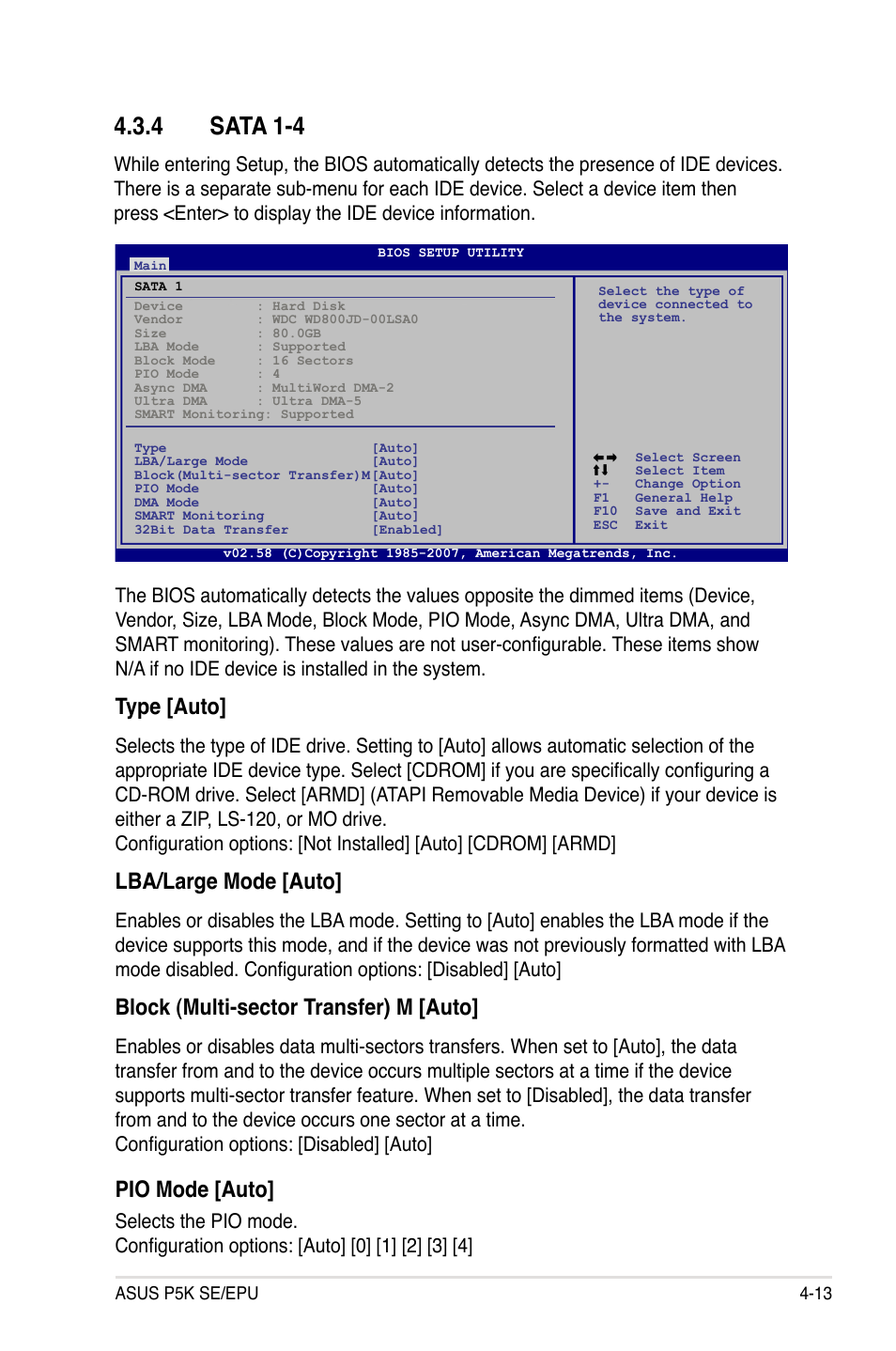 4 sata 1-4, Sata 1-4 -13, Type [auto | Lba/large mode [auto, Block (multi-sector transfer) m [auto, Pio mode [auto | Asus P5K SE/EPU User Manual | Page 77 / 134