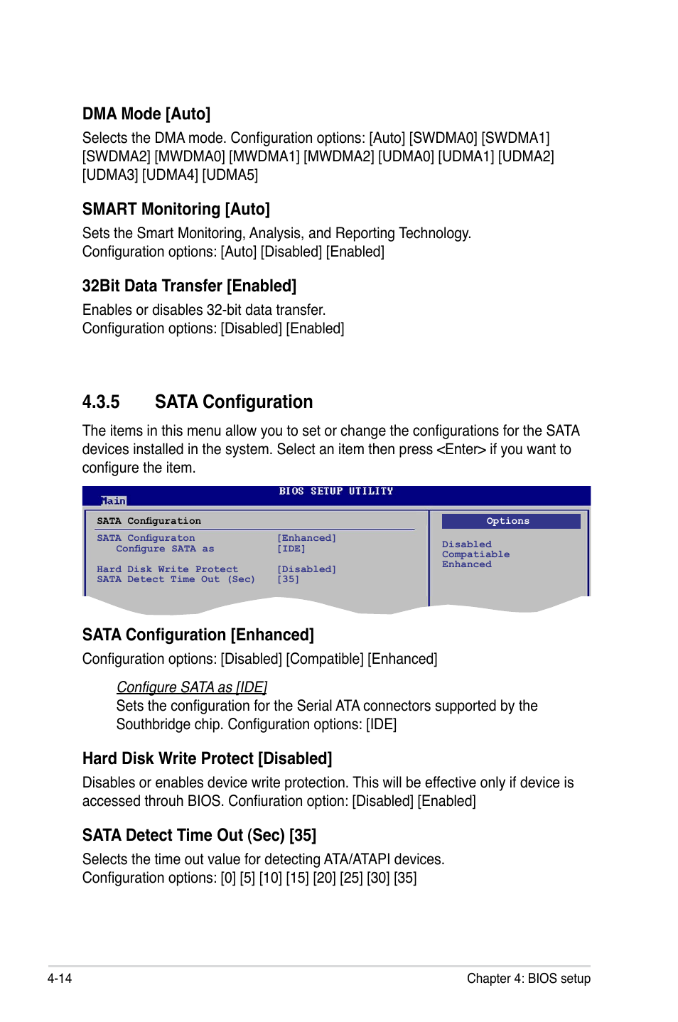 5 sata configuration, Sata configuration -14, Dma mode [auto | Smart monitoring [auto, 32bit data transfer [enabled, Sata configuration [enhanced, Hard disk write protect [disabled, Sata detect time out (sec) [35 | Asus P5K SE/EPU User Manual | Page 78 / 134