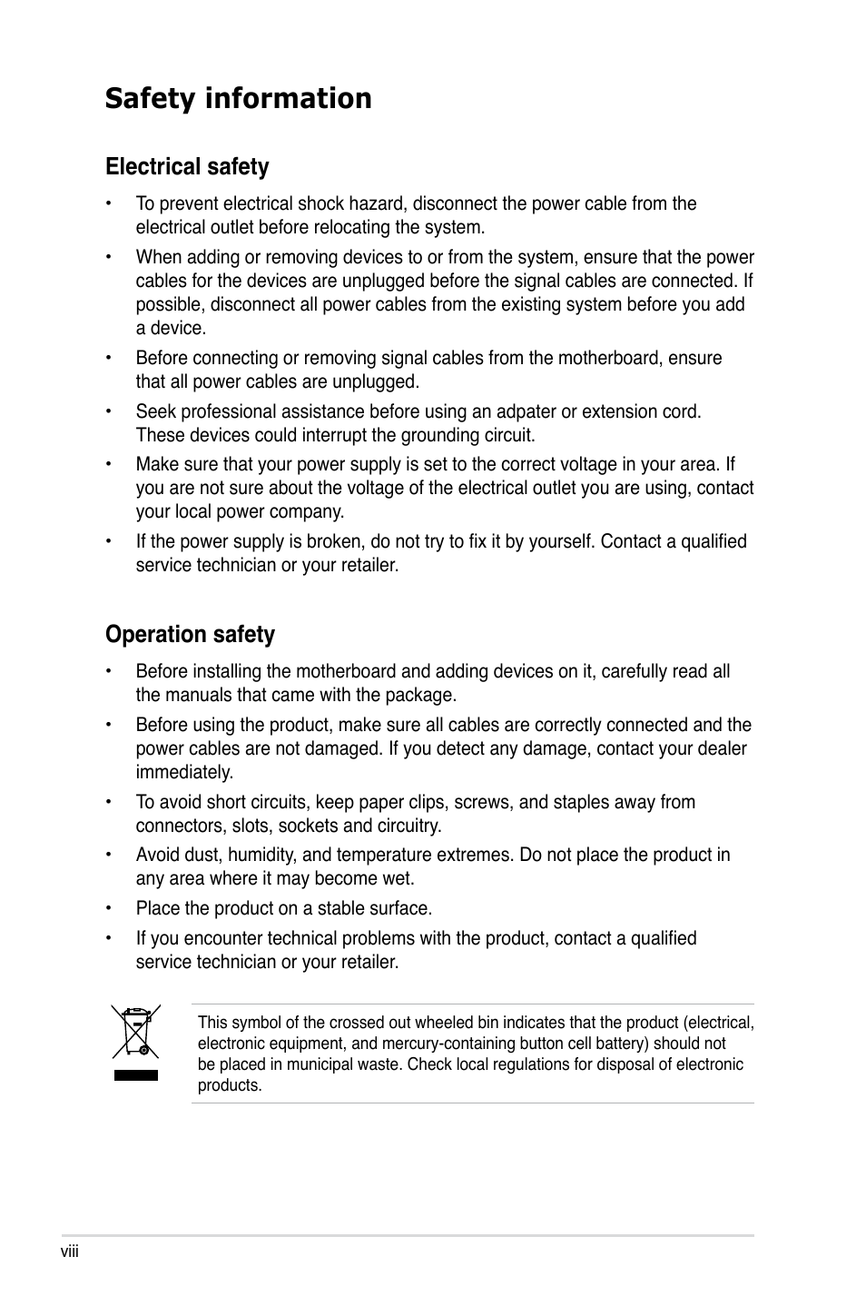 Safety information, Electrical safety, Operation safety | Asus P5K SE/EPU User Manual | Page 8 / 134