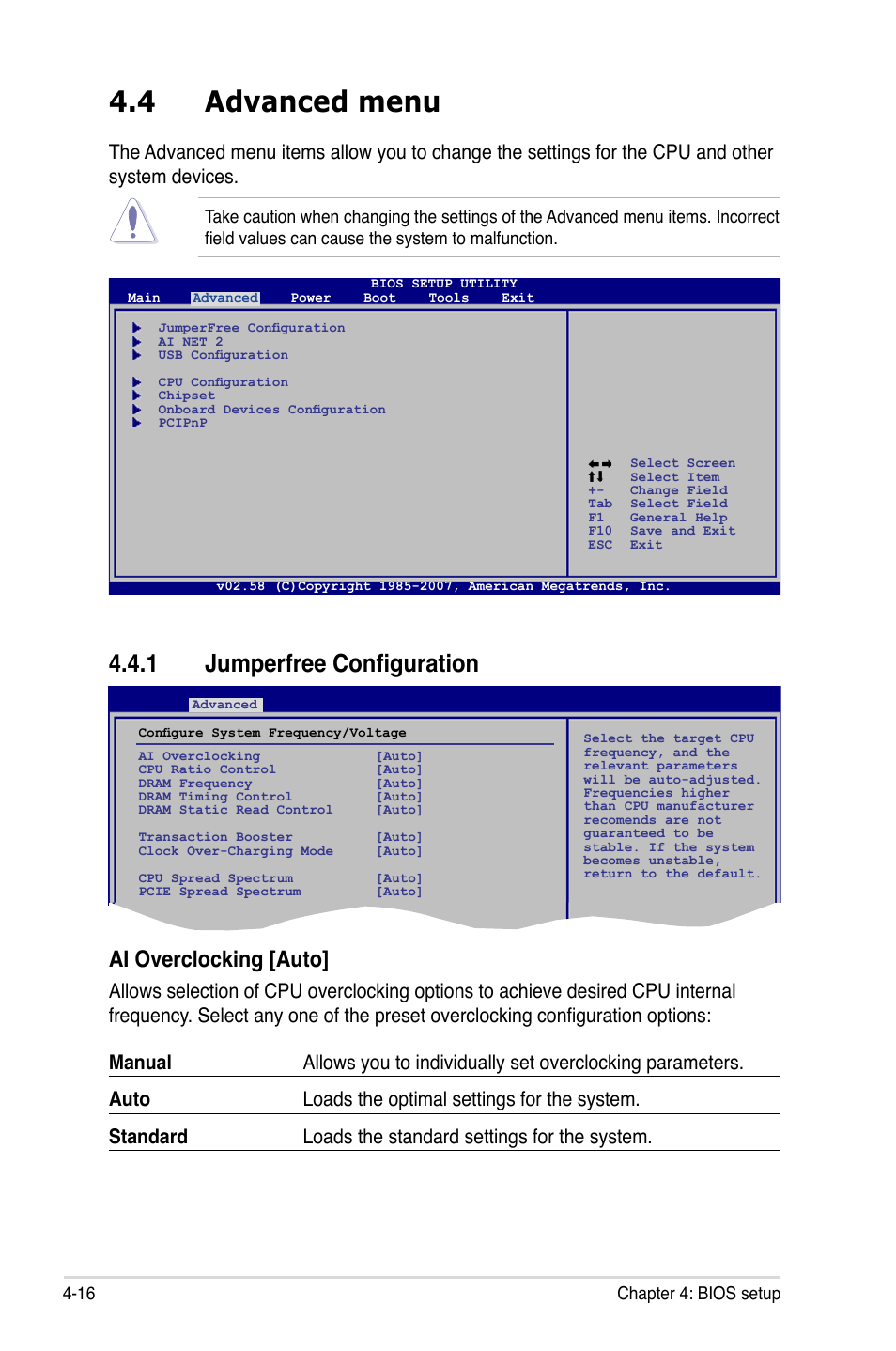 4 advanced menu, 1 jumperfree configuration, Advanced menu -16 4.4.1 | Jumperfree configuration -16, Ai overclocking [auto | Asus P5K SE/EPU User Manual | Page 80 / 134