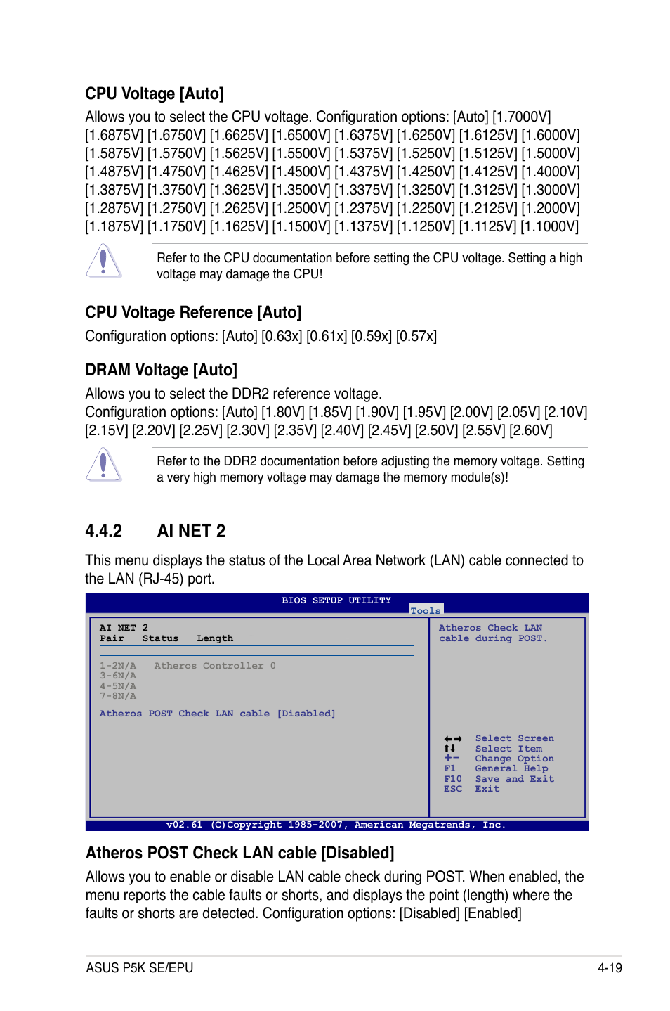 2 ai net 2, Ai net 2 -19, Cpu voltage [auto | Cpu voltage reference [auto, Dram voltage [auto, Atheros post check lan cable [disabled | Asus P5K SE/EPU User Manual | Page 83 / 134