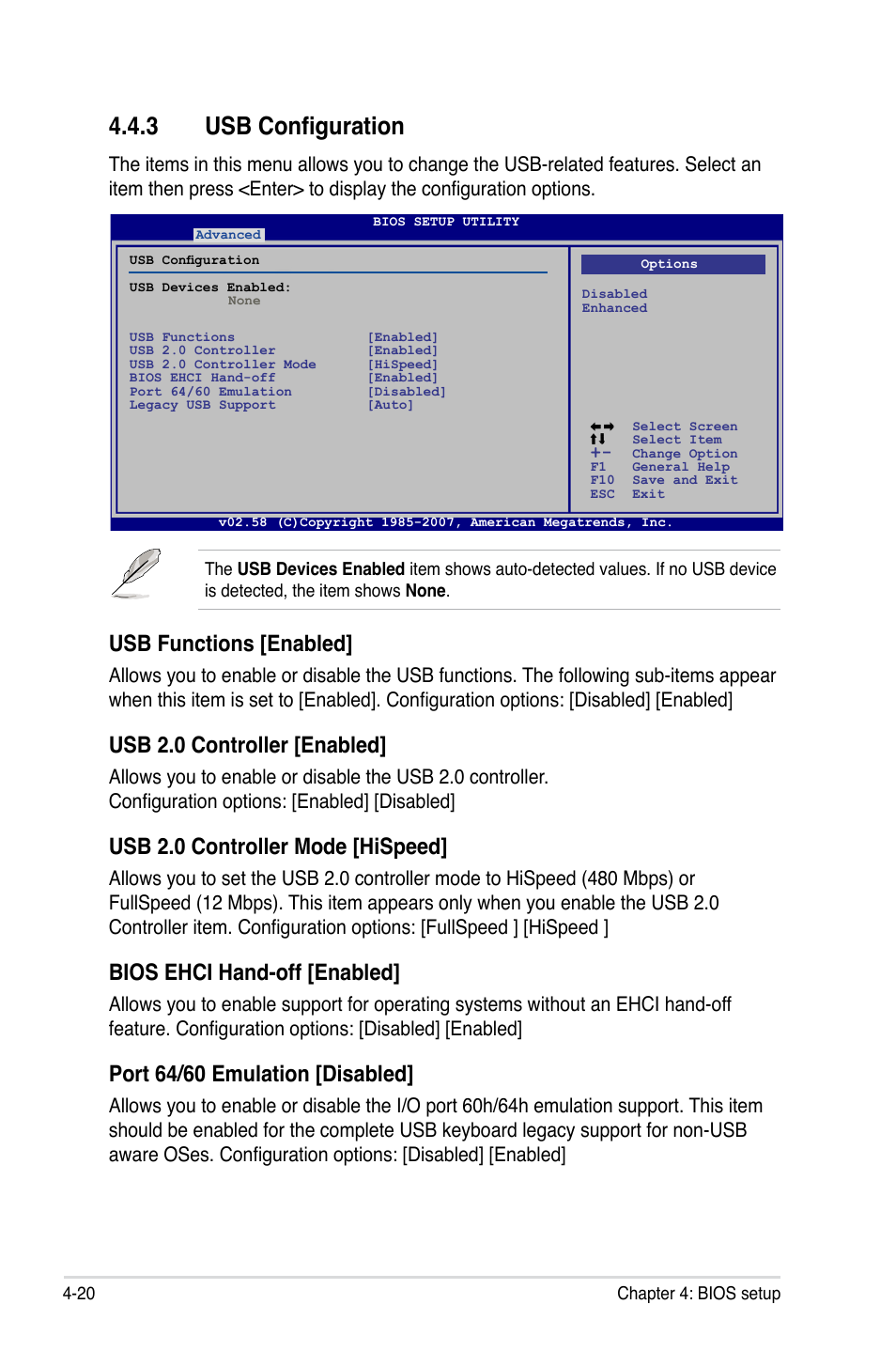 3 usb configuration, Usb configuration -20, Usb functions [enabled | Usb 2.0 controller [enabled, Usb 2.0 controller mode [hispeed, Bios ehci hand-off [enabled, Port 64/60 emulation [disabled | Asus P5K SE/EPU User Manual | Page 84 / 134