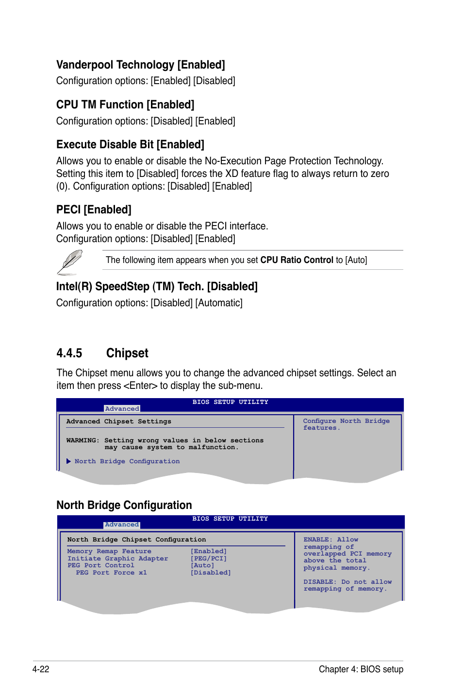 5 chipset, Chipset -22, Vanderpool technology [enabled | Cpu tm function [enabled, Execute disable bit [enabled, Peci [enabled, Intel(r) speedstep (tm) tech. [disabled, North bridge configuration, Configuration options: [enabled] [disabled, Configuration options: [disabled] [enabled | Asus P5K SE/EPU User Manual | Page 86 / 134