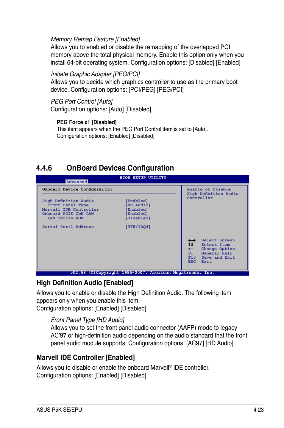 6 onboard devices configuration, Onboard devices configuration -23, High definition audio [enabled | Marvell ide controller [enabled | Asus P5K SE/EPU User Manual | Page 87 / 134