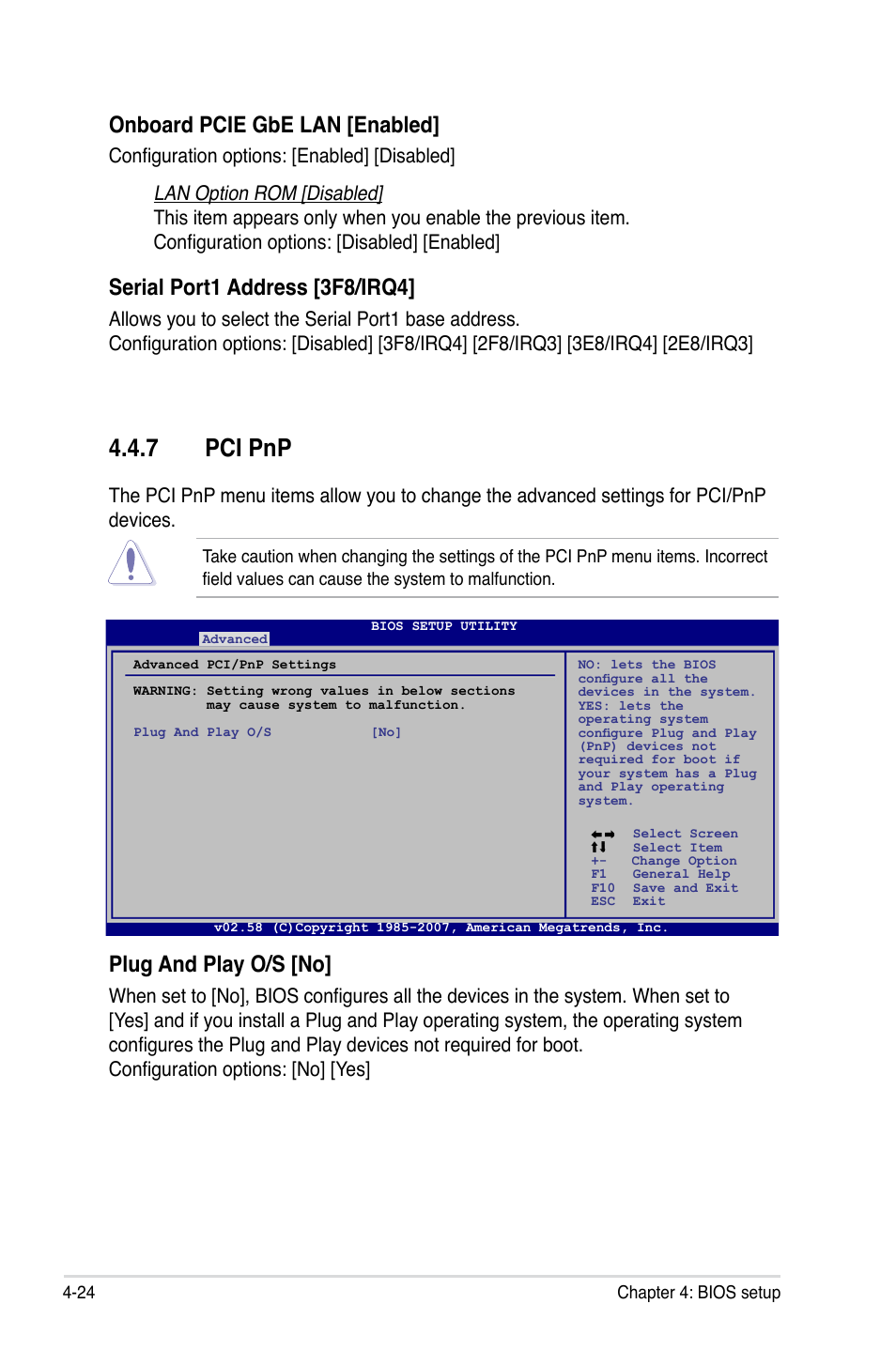 7 pci pnp, Pci pnp -24, Onboard pcie gbe lan [enabled | Serial port1 address [3f8/irq4, Plug and play o/s [no | Asus P5K SE/EPU User Manual | Page 88 / 134