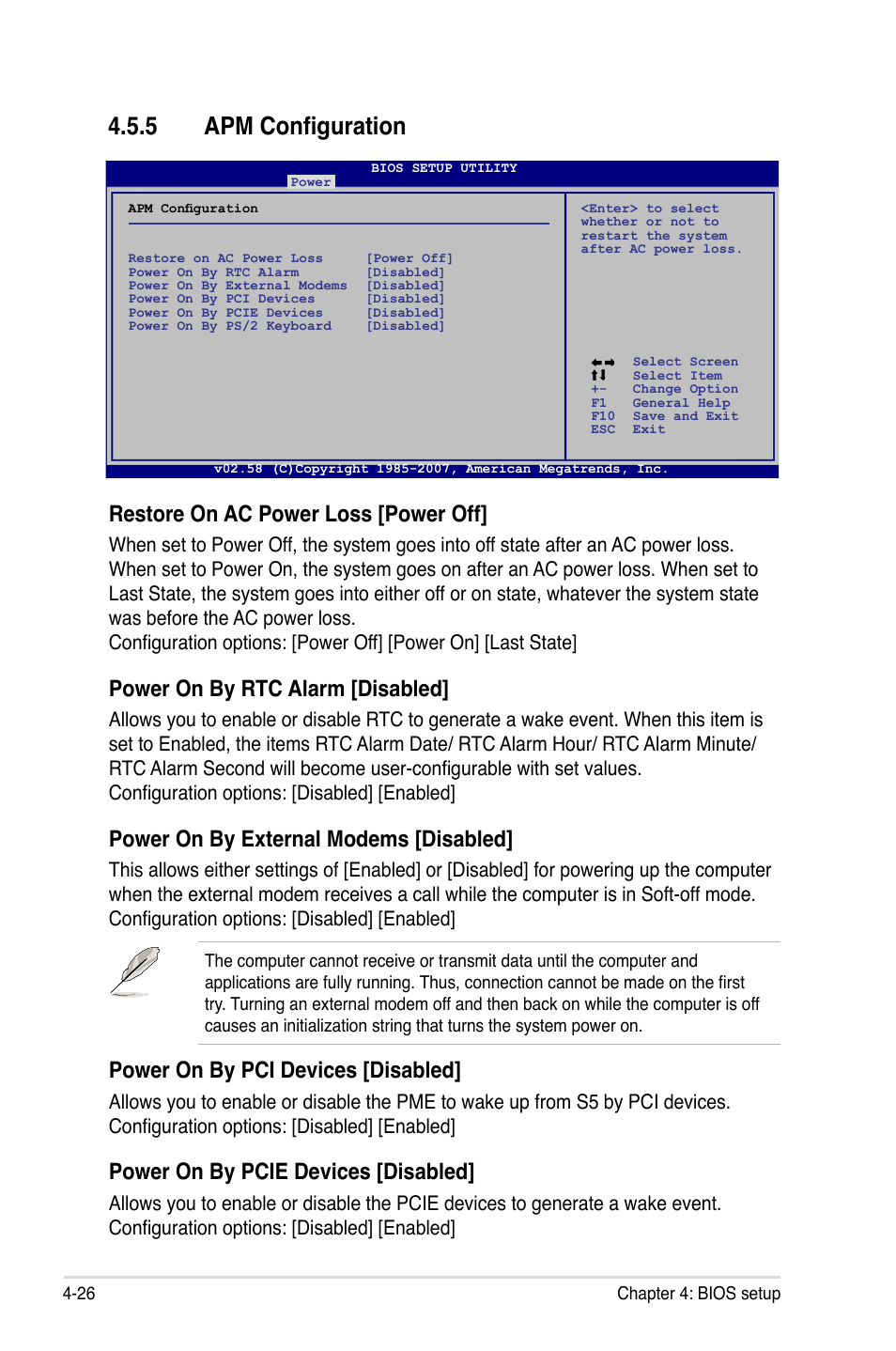 5 apm configuration, Apm configuration -26, Restore on ac power loss [power off | Power on by rtc alarm [disabled, Power on by external modems [disabled, Power on by pci devices [disabled, Power on by pcie devices [disabled | Asus P5K SE/EPU User Manual | Page 90 / 134