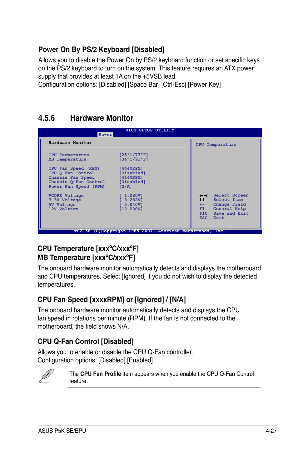 6 hardware monitor, Hardware monitor -27, Cpu q-fan control [disabled | Power on by ps/2 keyboard [disabled | Asus P5K SE/EPU User Manual | Page 91 / 134