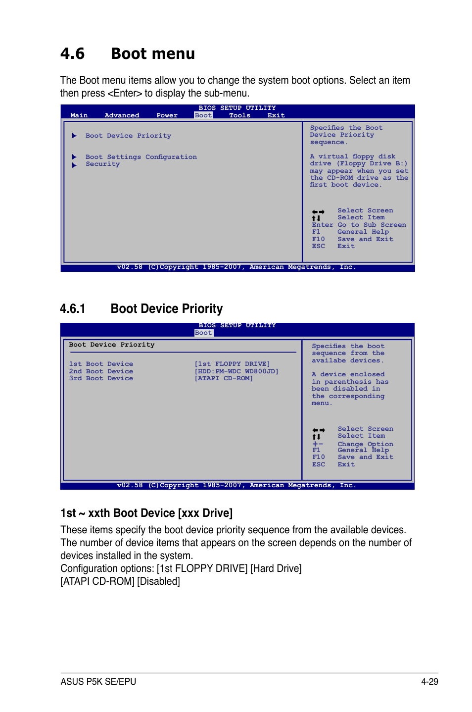 6 boot menu, 1 boot device priority, Boot menu -29 4.6.1 | Boot device priority -29, 1st ~ xxth boot device [xxx drive | Asus P5K SE/EPU User Manual | Page 93 / 134