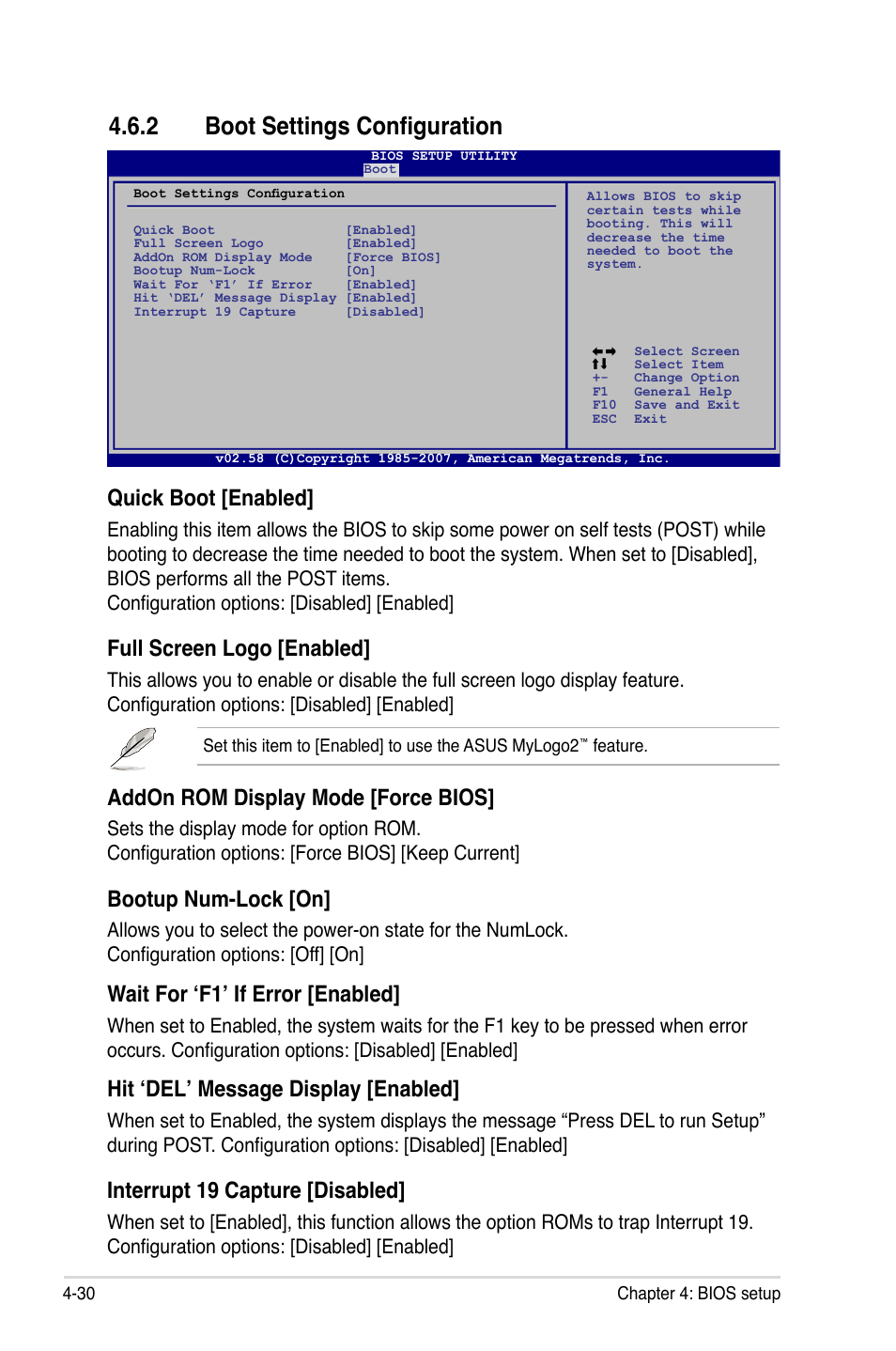 2 boot settings configuration, Boot settings configuration -30, Quick boot [enabled | Full screen logo [enabled, Addon rom display mode [force bios, Bootup num-lock [on, Wait for ‘f1’ if error [enabled, Hit ‘del’ message display [enabled, Interrupt 19 capture [disabled | Asus P5K SE/EPU User Manual | Page 94 / 134