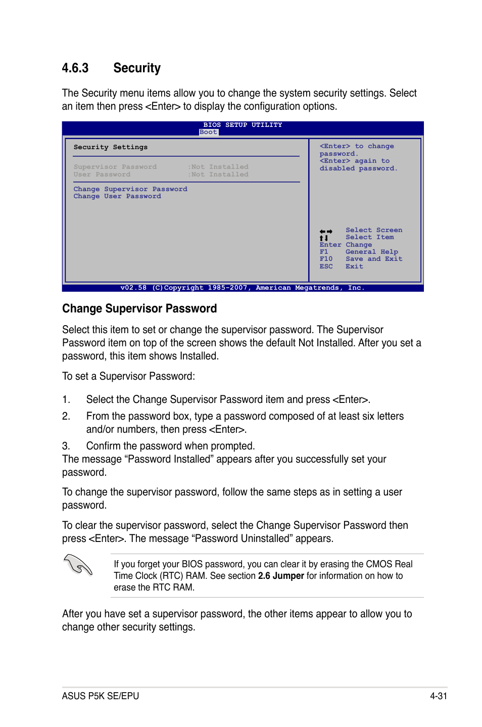 3 security, Security -31, Change supervisor password | Asus P5K SE/EPU User Manual | Page 95 / 134
