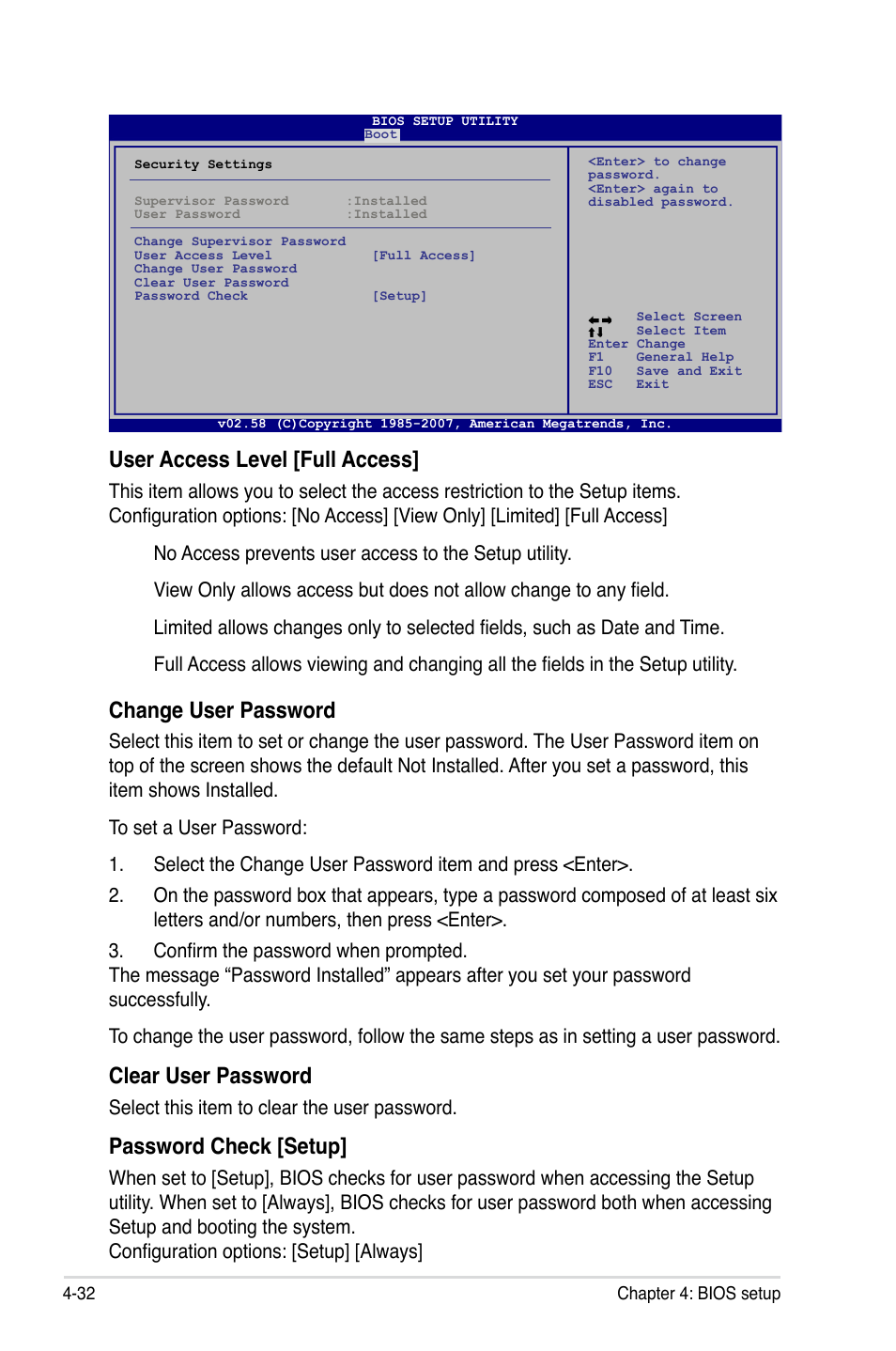 User access level [full access, Change user password, Clear user password | Password check [setup, Select this item to clear the user password | Asus P5K SE/EPU User Manual | Page 96 / 134