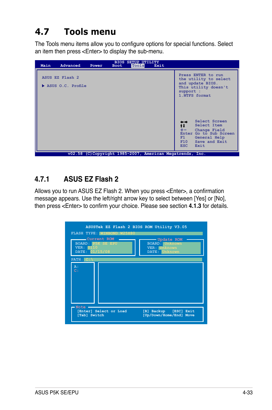 7 tools menu, 1 asus ez flash 2, Tools menu -33 4.7.1 | Asus ez flash 2 -33 | Asus P5K SE/EPU User Manual | Page 97 / 134