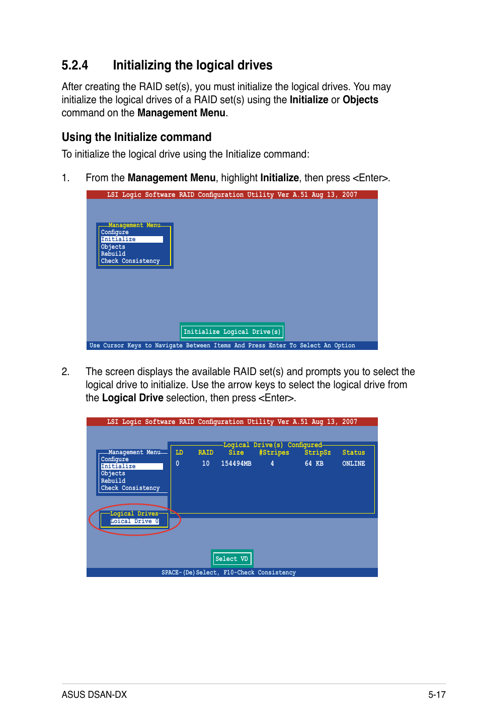 4 initializing the logical drives, Using the initialize command | Asus DSAN-DX User Manual | Page 115 / 162