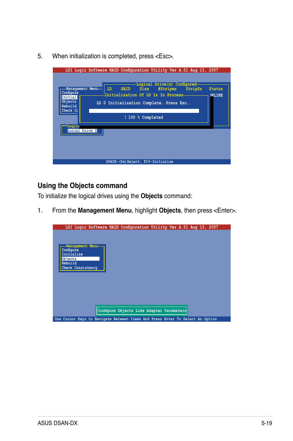 Using the objects command, When initialization is completed, press <esc, Asus dsan-dx 5-19 | Asus DSAN-DX User Manual | Page 117 / 162