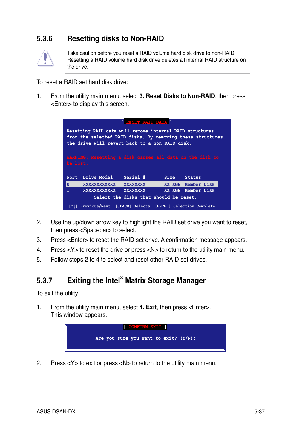 7 exiting the intel, Matrix storage manager, 6 resetting disks to non-raid | Asus DSAN-DX User Manual | Page 135 / 162