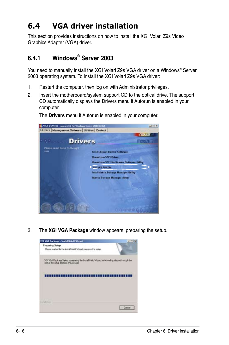 4 vga driver installation, 1 windows, Server 2003 | Asus DSAN-DX User Manual | Page 154 / 162