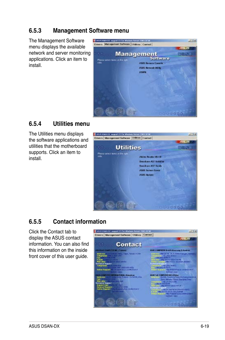 3 management software menu, 4 utilities menu, 5 contact information | Asus DSAN-DX User Manual | Page 157 / 162