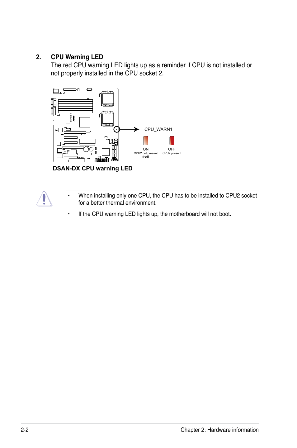 2 chapter 2: hardware information, Dsan-dx cpu warning led | Asus DSAN-DX User Manual | Page 22 / 162