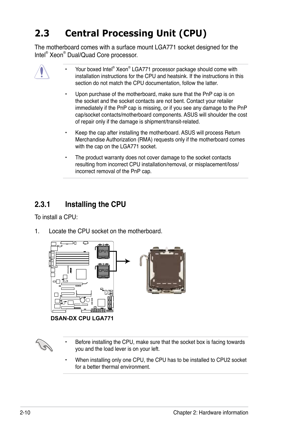 3 central processing unit (cpu), 1 installing the cpu | Asus DSAN-DX User Manual | Page 30 / 162