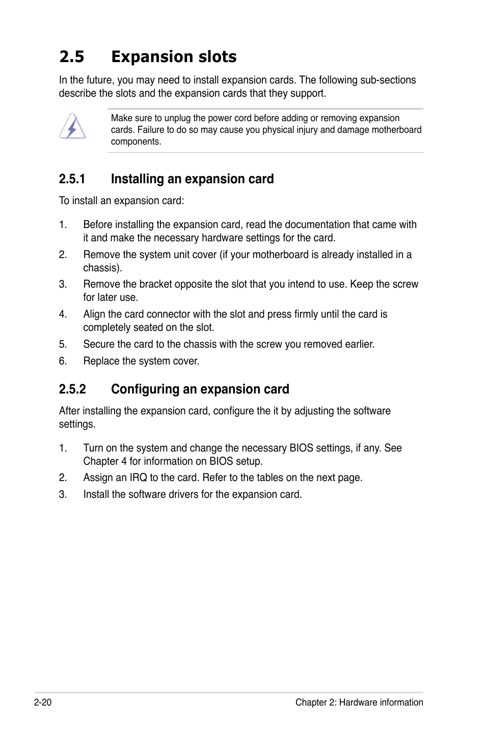 5 expansion slots, 1 installing an expansion card, 2 configuring an expansion card | Asus DSAN-DX User Manual | Page 40 / 162