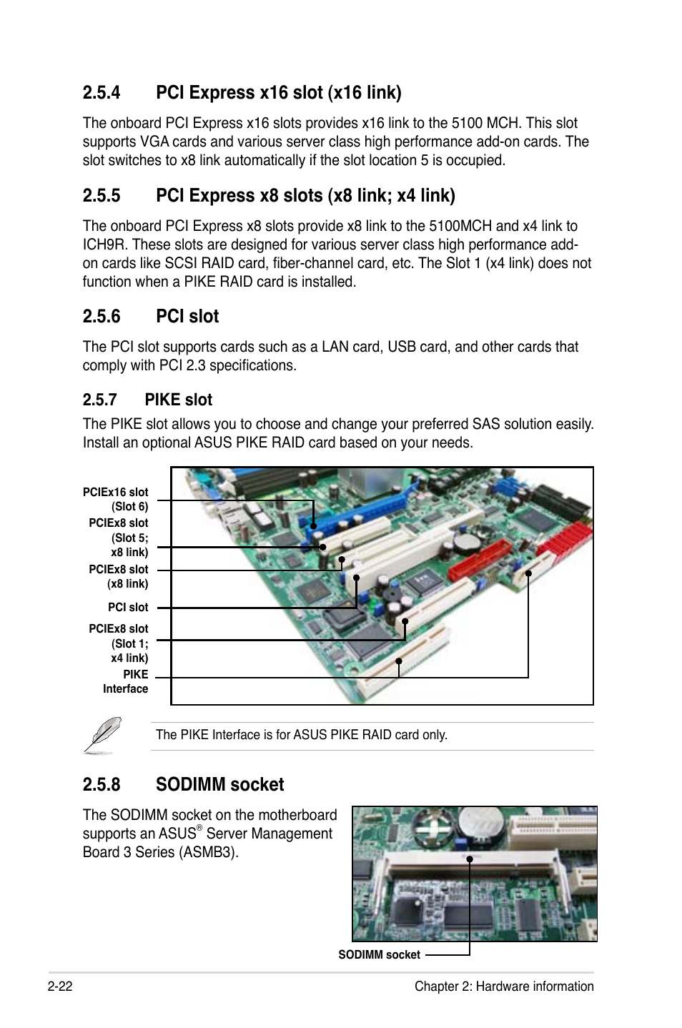 8 sodimm socket, 5 pci express x8 slots (x8 link; x4 link), 6 pci slot | 7 pike slot | Asus DSAN-DX User Manual | Page 42 / 162