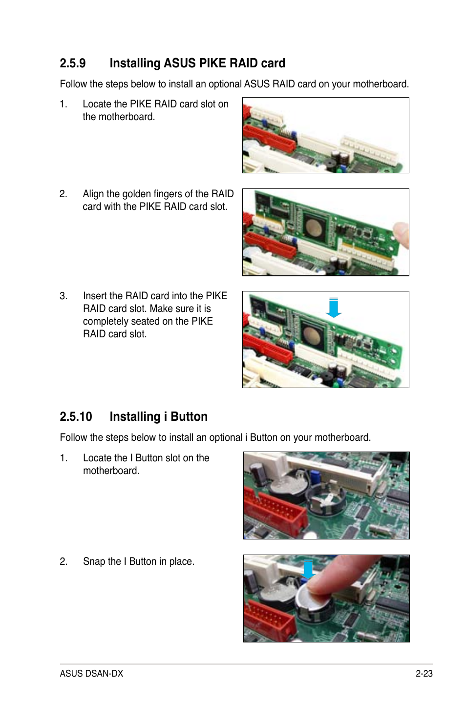 9 installing asus pike raid card, 10 installing i button | Asus DSAN-DX User Manual | Page 43 / 162