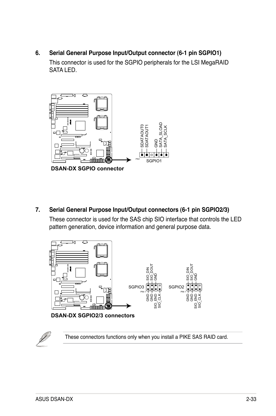 Asus dsan-dx 2-33, Dsan-dx sgpio connector, Dsan-dx sgpio2/3 connectors | Asus DSAN-DX User Manual | Page 53 / 162