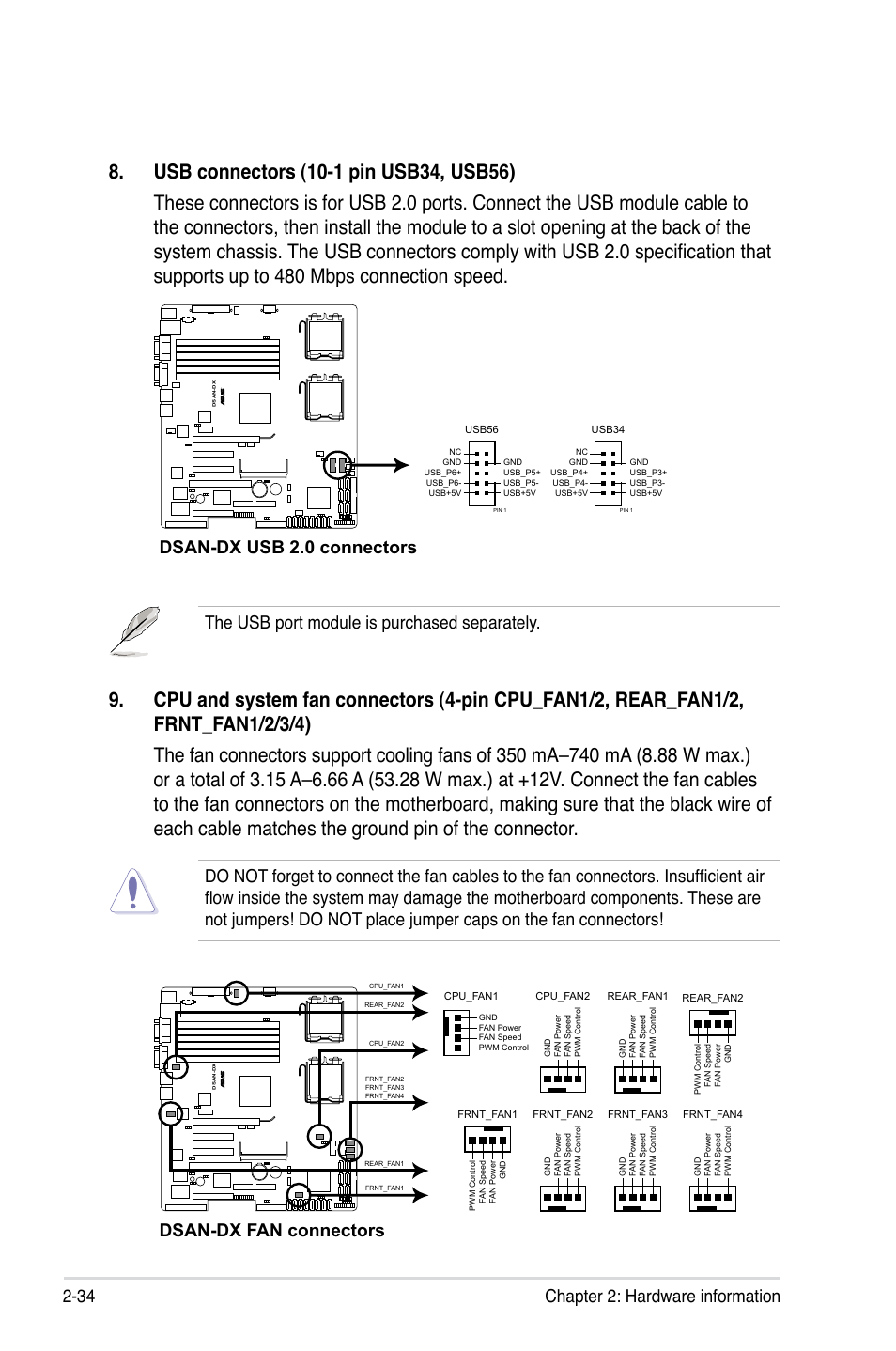 34 chapter 2: hardware information, The usb port module is purchased separately, Dsan-dx usb 2.0 connectors | Dsan-dx fan connectors | Asus DSAN-DX User Manual | Page 54 / 162