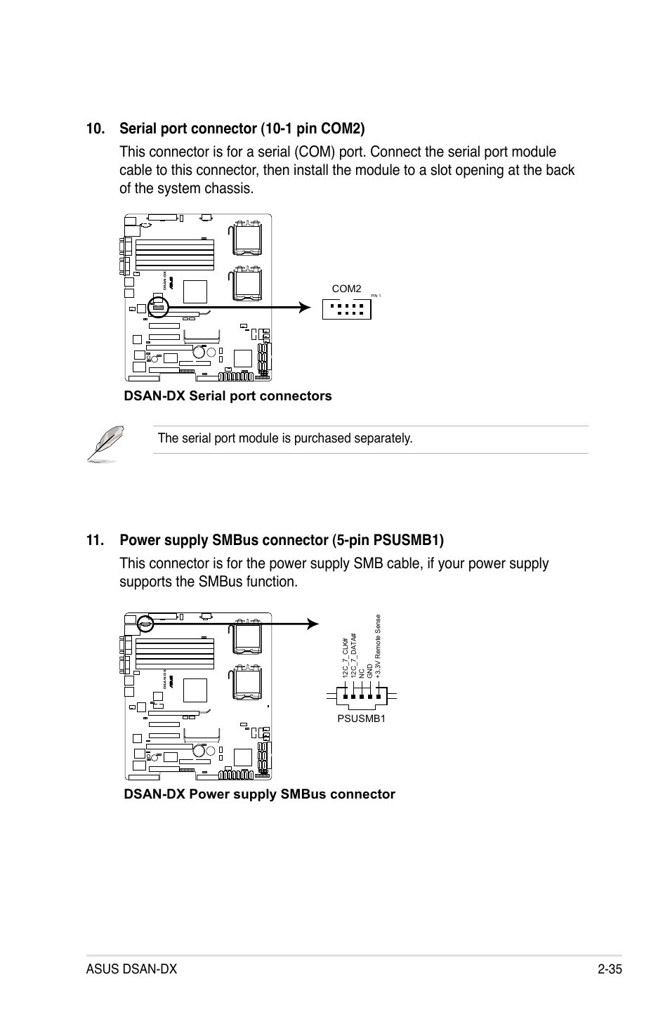 Asus dsan-dx 2-35, The serial port module is purchased separately, Dsan-dx serial port connectors | Dsan-dx power supply smbus connector | Asus DSAN-DX User Manual | Page 55 / 162