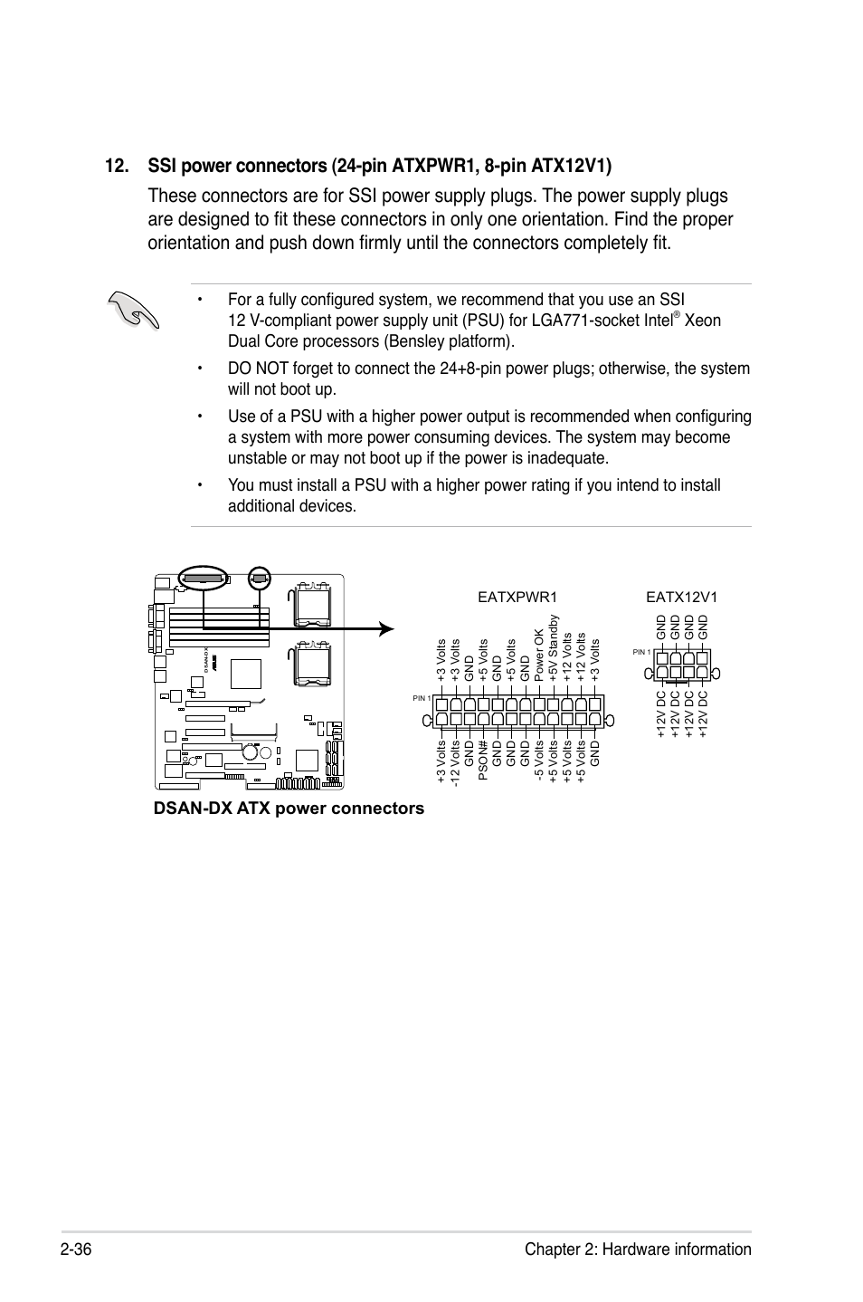 36 chapter 2: hardware information, Dsan-dx atx power connectors | Asus DSAN-DX User Manual | Page 56 / 162