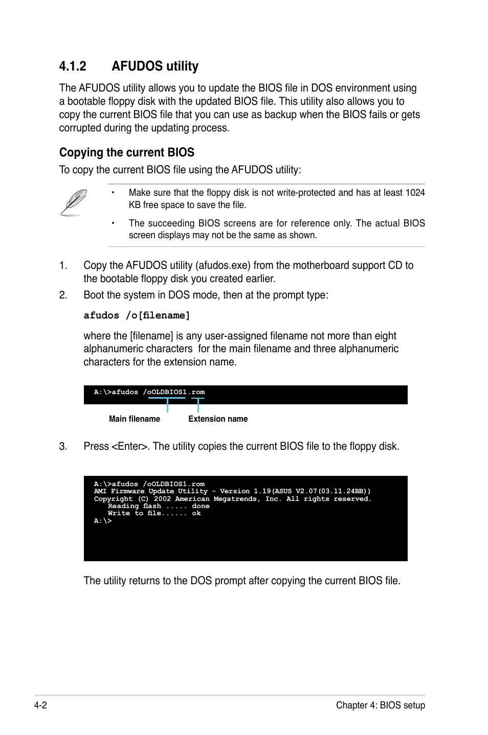 2 afudos utility, Copying the current bios | Asus DSAN-DX User Manual | Page 66 / 162