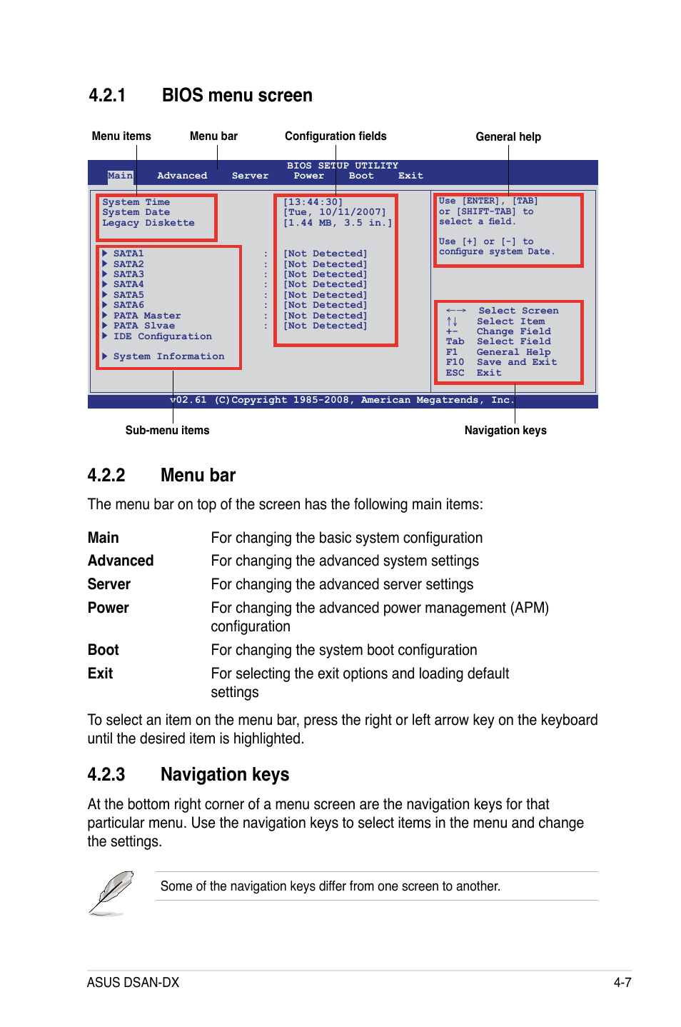 2 menu bar, 3 navigation keys, 1 bios menu screen | Asus DSAN-DX User Manual | Page 71 / 162