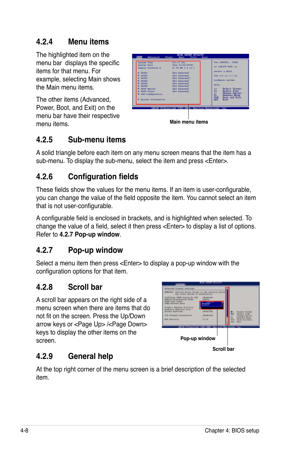 4 menu items, 5 sub-menu items, 6 configuration fields | 7 pop-up window, 8 scroll bar, 9 general help, 8 chapter 4: bios setup | Asus DSAN-DX User Manual | Page 72 / 162