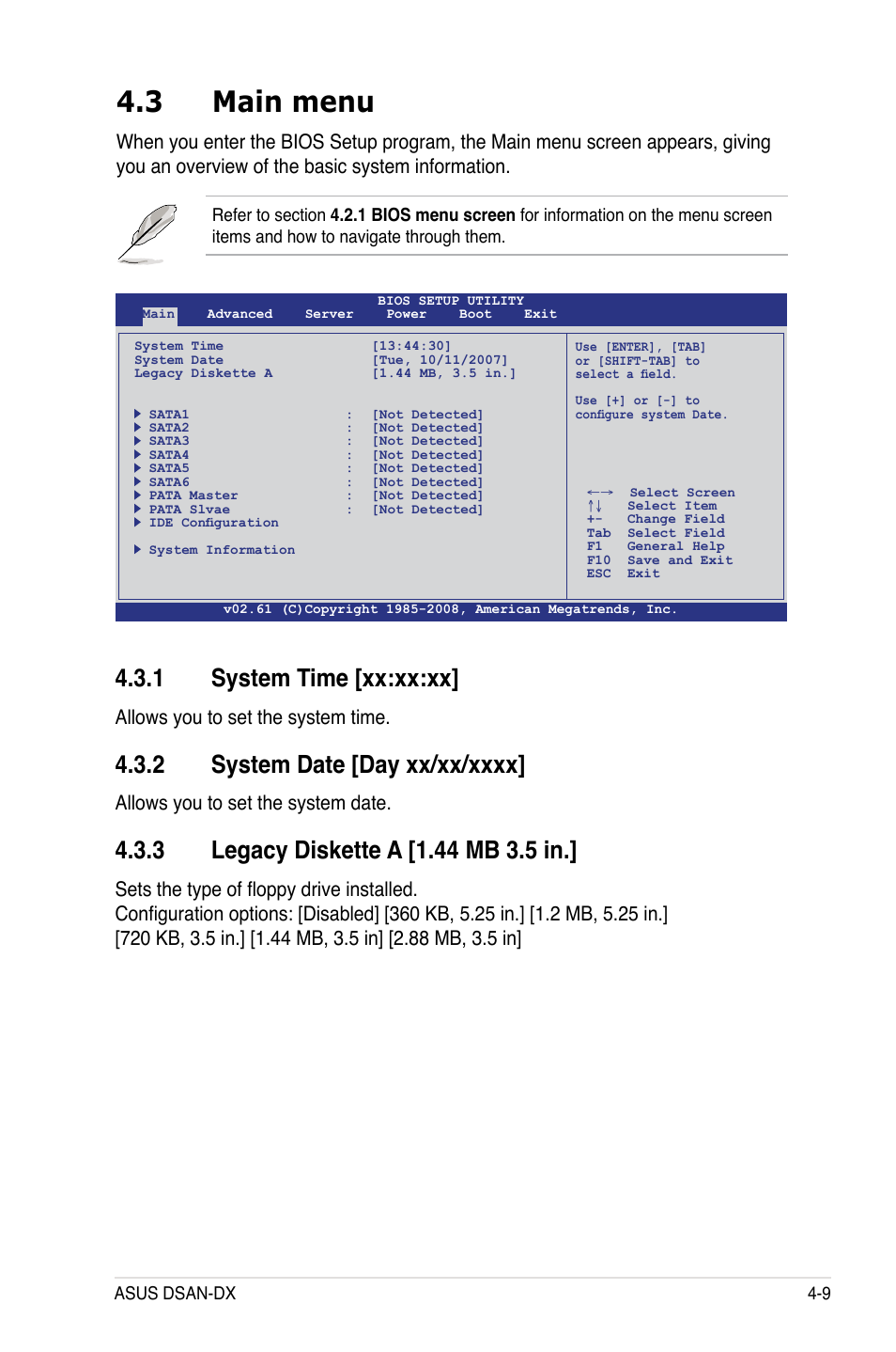 3 main menu, 1 system time [xx:xx:xx, Allows you to set the system time | Allows you to set the system date | Asus DSAN-DX User Manual | Page 73 / 162