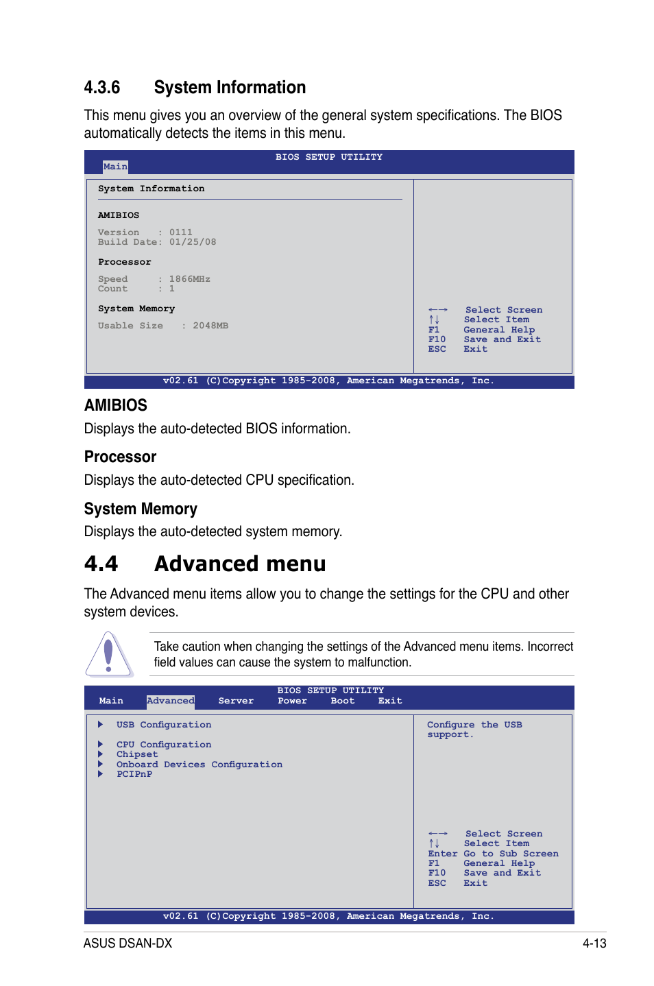 4 advanced menu, 6 system information, Amibios | Processor, Displays the auto-detected bios information, Displays the auto-detected cpu specification | Asus DSAN-DX User Manual | Page 77 / 162