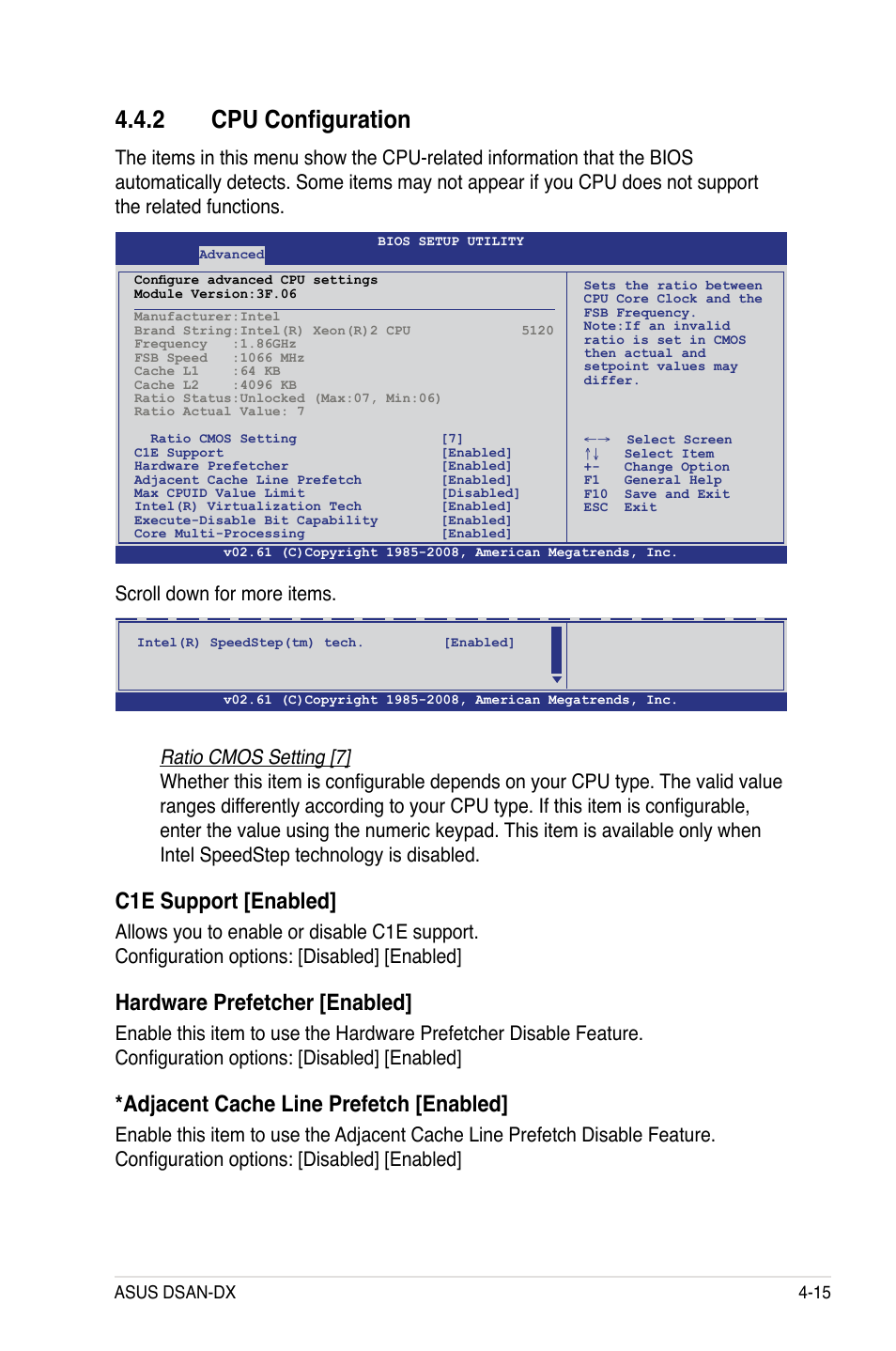 2 cpu configuration, C1e support [enabled, Hardware prefetcher [enabled | Adjacent cache line prefetch [enabled, Scroll down for more items | Asus DSAN-DX User Manual | Page 79 / 162