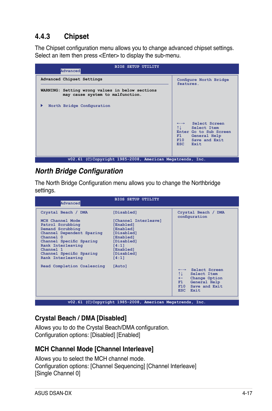 3 chipset, North bridge configuration, Crystal beach / dma [disabled | Mch channel mode [channel interleave, Asus dsan-dx 4-17 | Asus DSAN-DX User Manual | Page 81 / 162