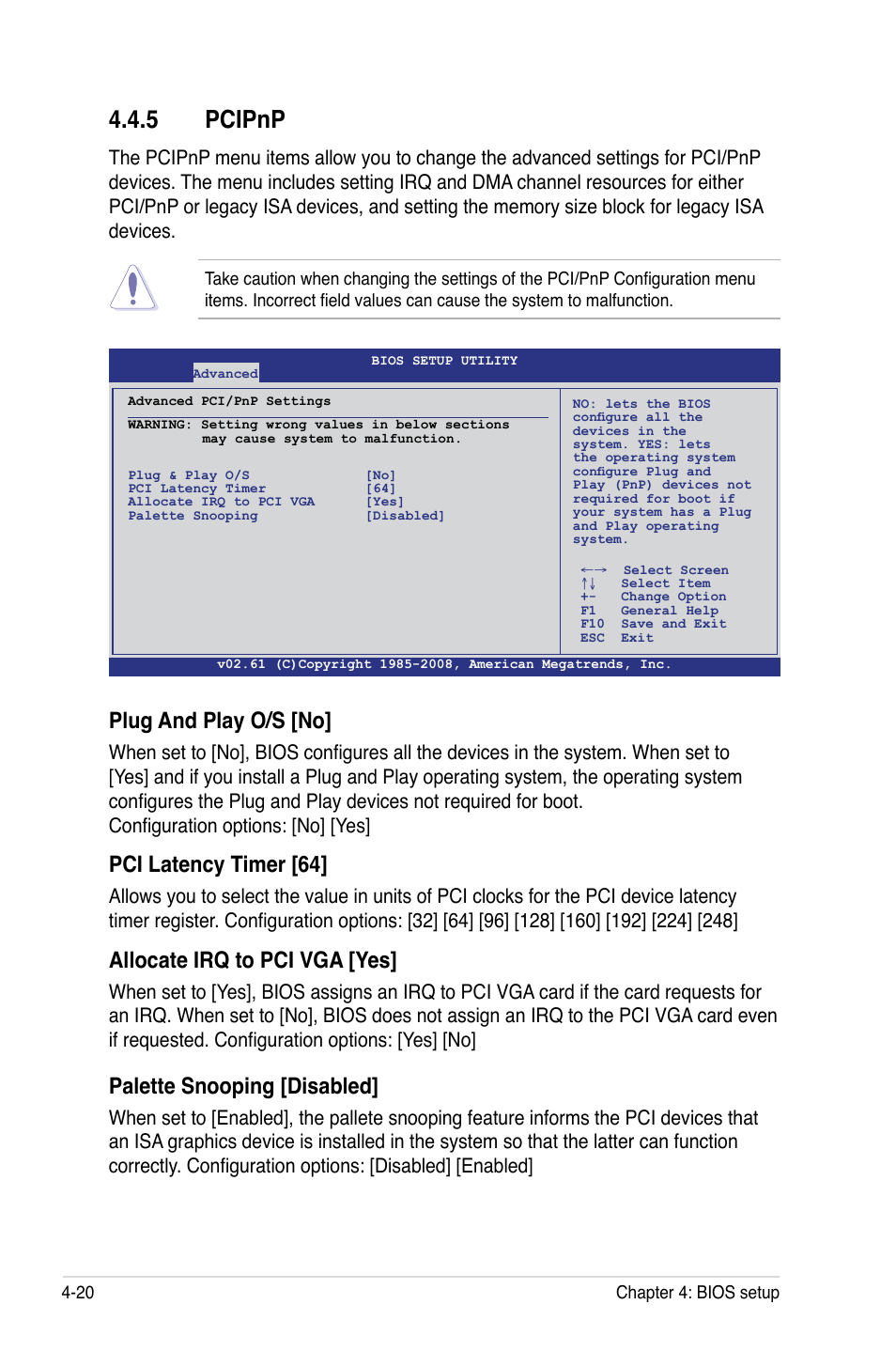 5 pcipnp, Plug and play o/s [no, Pci latency timer [64 | Allocate irq to pci vga [yes, Palette snooping [disabled | Asus DSAN-DX User Manual | Page 84 / 162