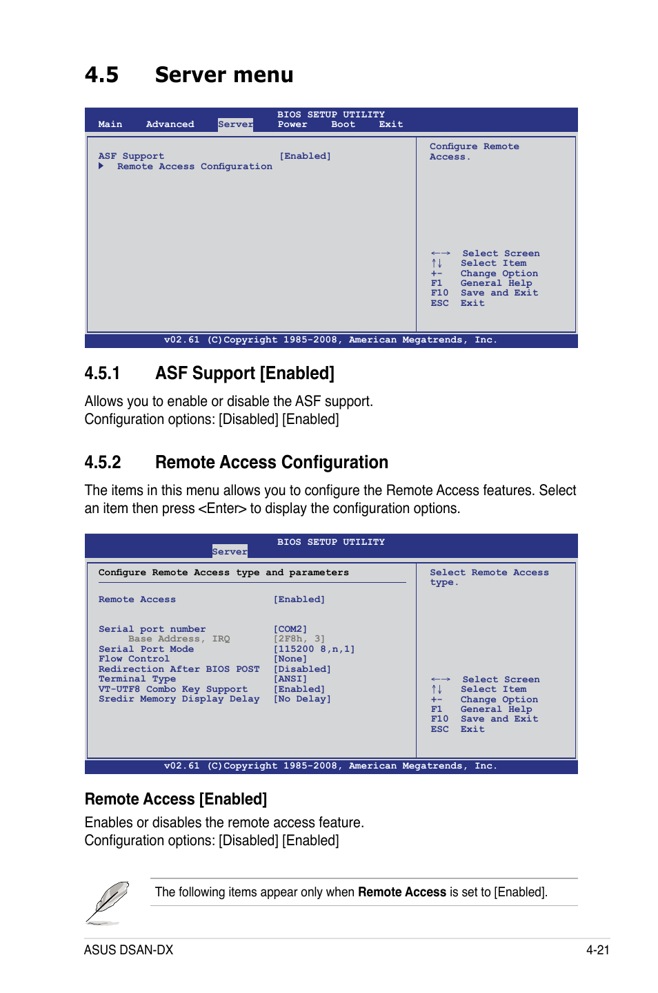 5 server menu, 2 remote access configuration, 1 asf support [enabled | Remote access [enabled | Asus DSAN-DX User Manual | Page 85 / 162