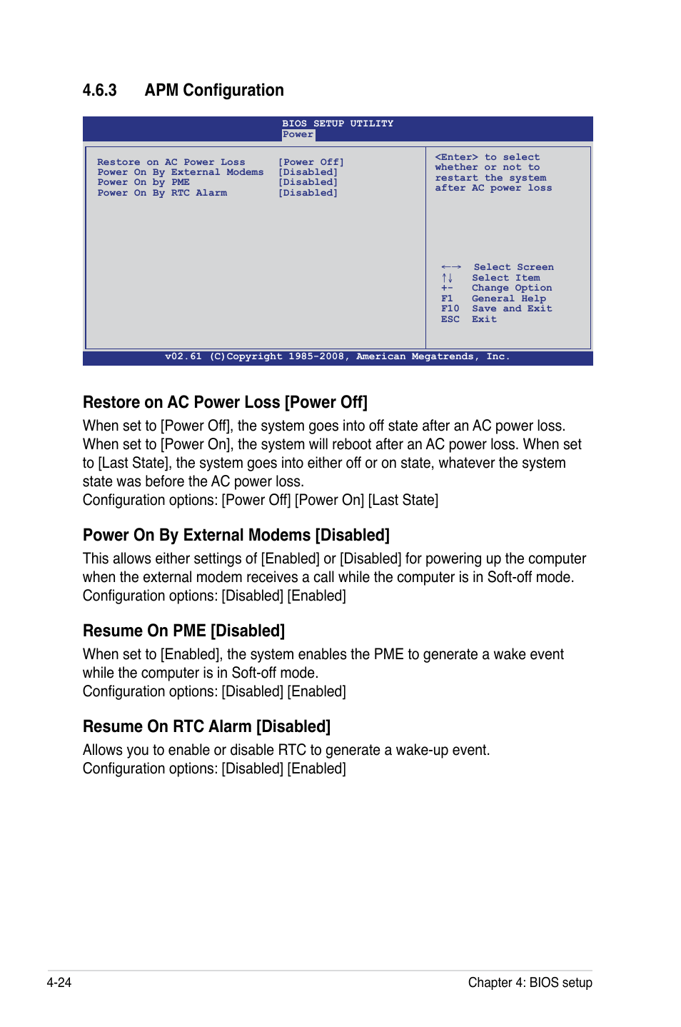 Restore on ac power loss [power off, Power on by external modems [disabled, Resume on pme [disabled | Resume on rtc alarm [disabled, 3 apm configuration | Asus DSAN-DX User Manual | Page 88 / 162