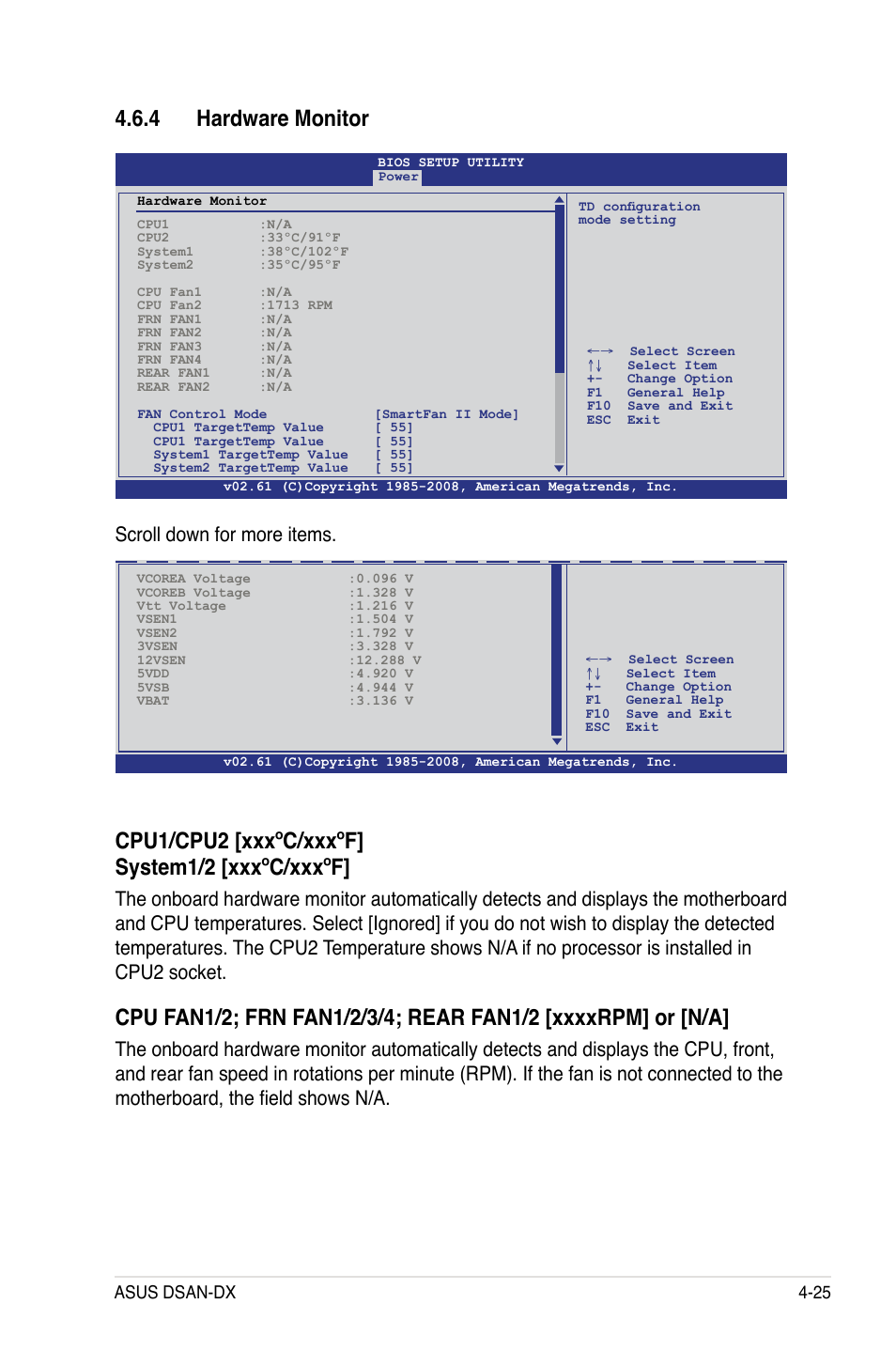 4 hardware monitor, Cpu1/cpu2 [xxxºc/xxxºf] system1/2 [xxxºc/xxxºf, Scroll down for more items | Asus dsan-dx 4-25 | Asus DSAN-DX User Manual | Page 89 / 162