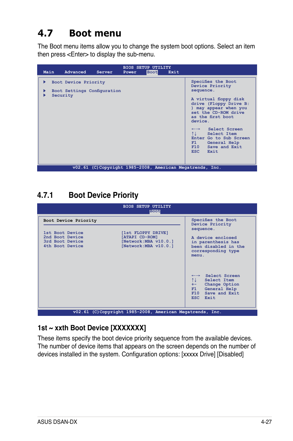 7 boot menu, 1 boot device priority | Asus DSAN-DX User Manual | Page 91 / 162