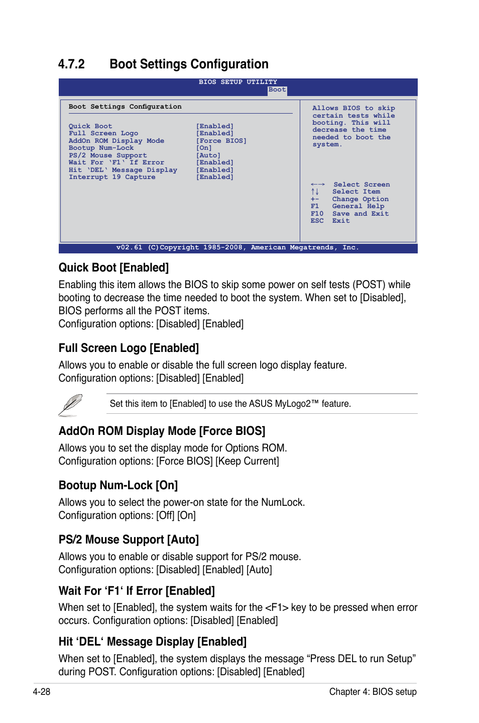 2 boot settings configuration, Quick boot [enabled, Full screen logo [enabled | Addon rom display mode [force bios, Bootup num-lock [on, Ps/2 mouse support [auto, Wait for ‘f1‘ if error [enabled, Hit ‘del‘ message display [enabled | Asus DSAN-DX User Manual | Page 92 / 162