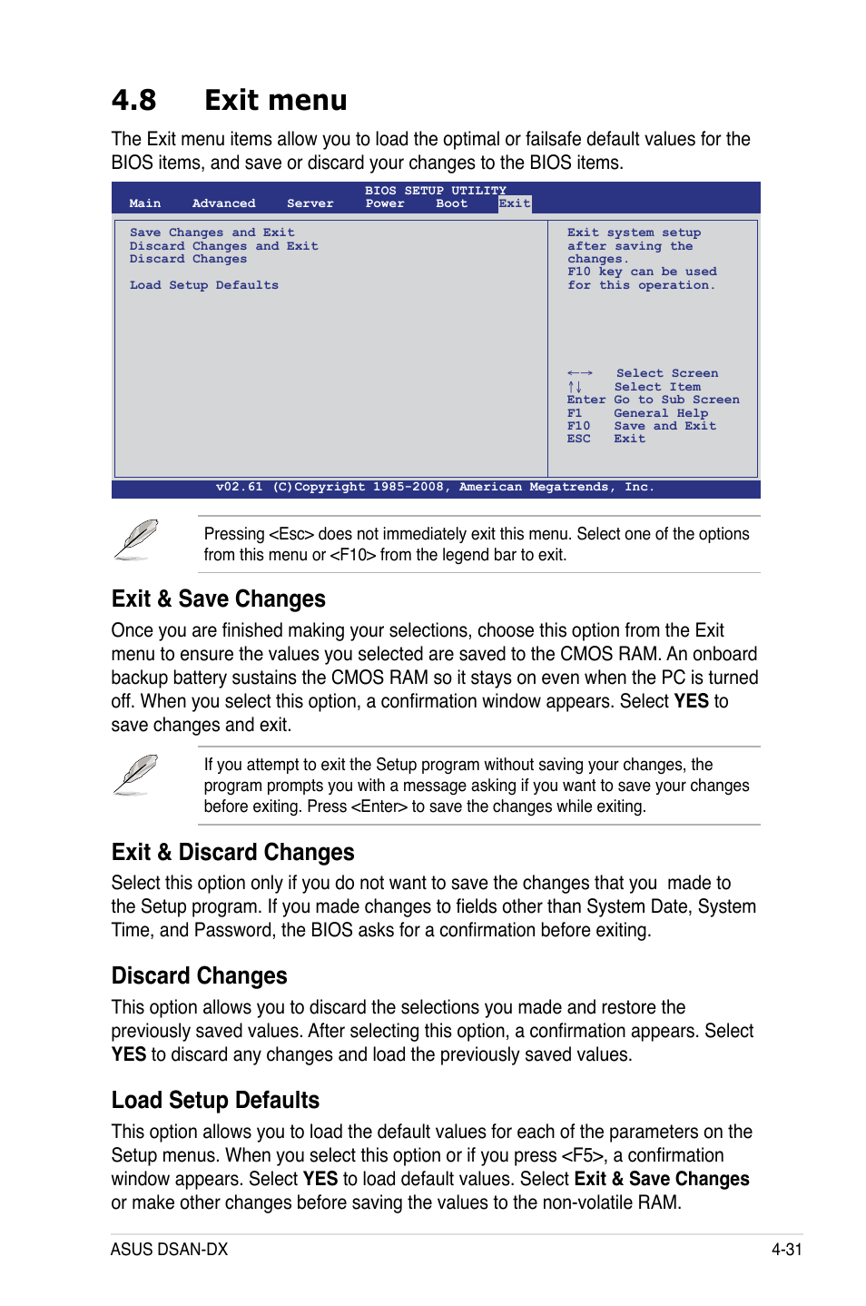8 exit menu, Exit & save changes, Exit & discard changes | Discard changes, Load setup defaults | Asus DSAN-DX User Manual | Page 95 / 162