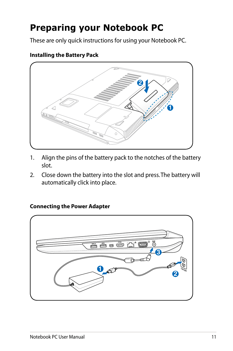 Preparing your notebook pc | Asus G75VX User Manual | Page 11 / 126