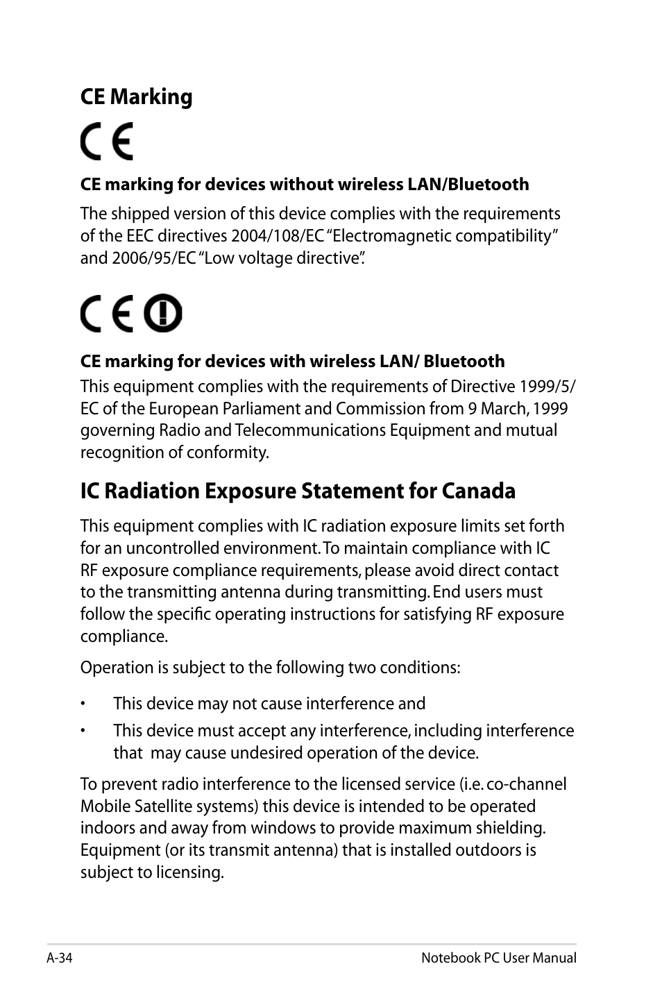 Ce marking, Ic radiation exposure statement for canada | Asus G75VX User Manual | Page 112 / 126